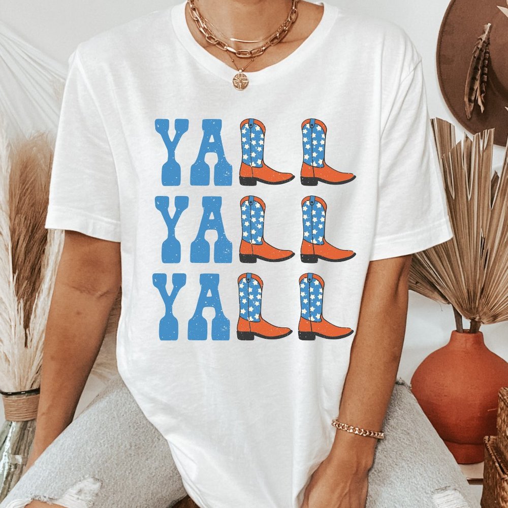 Fourth of July Yall Yall Yall Cowboy Cowgirl Boots Western t shirt Plus Size - Picture 2 of 3
